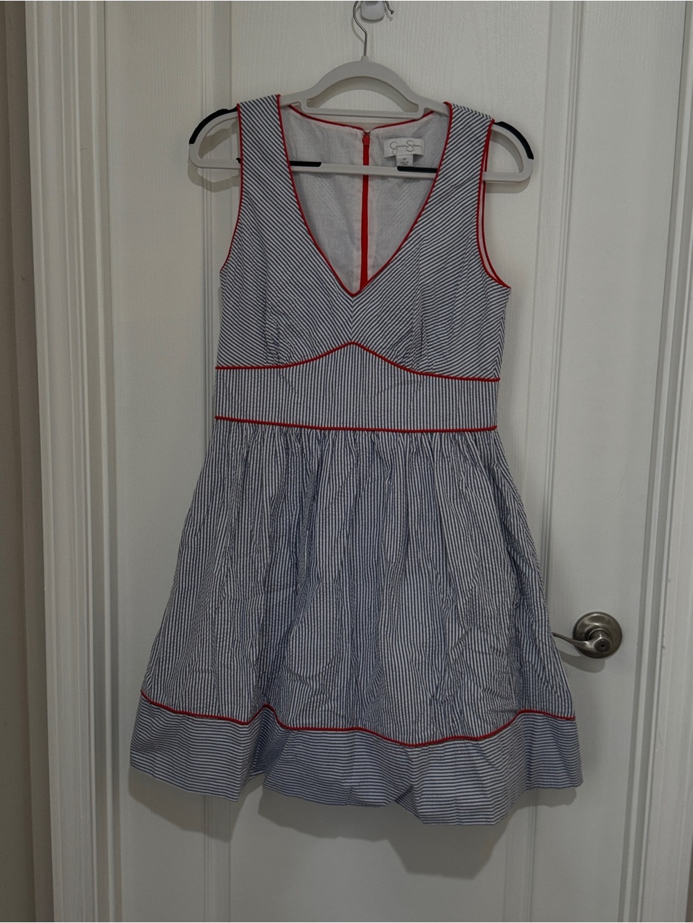 Jessica Simpson Blue and White Striped Dress with Red Trim